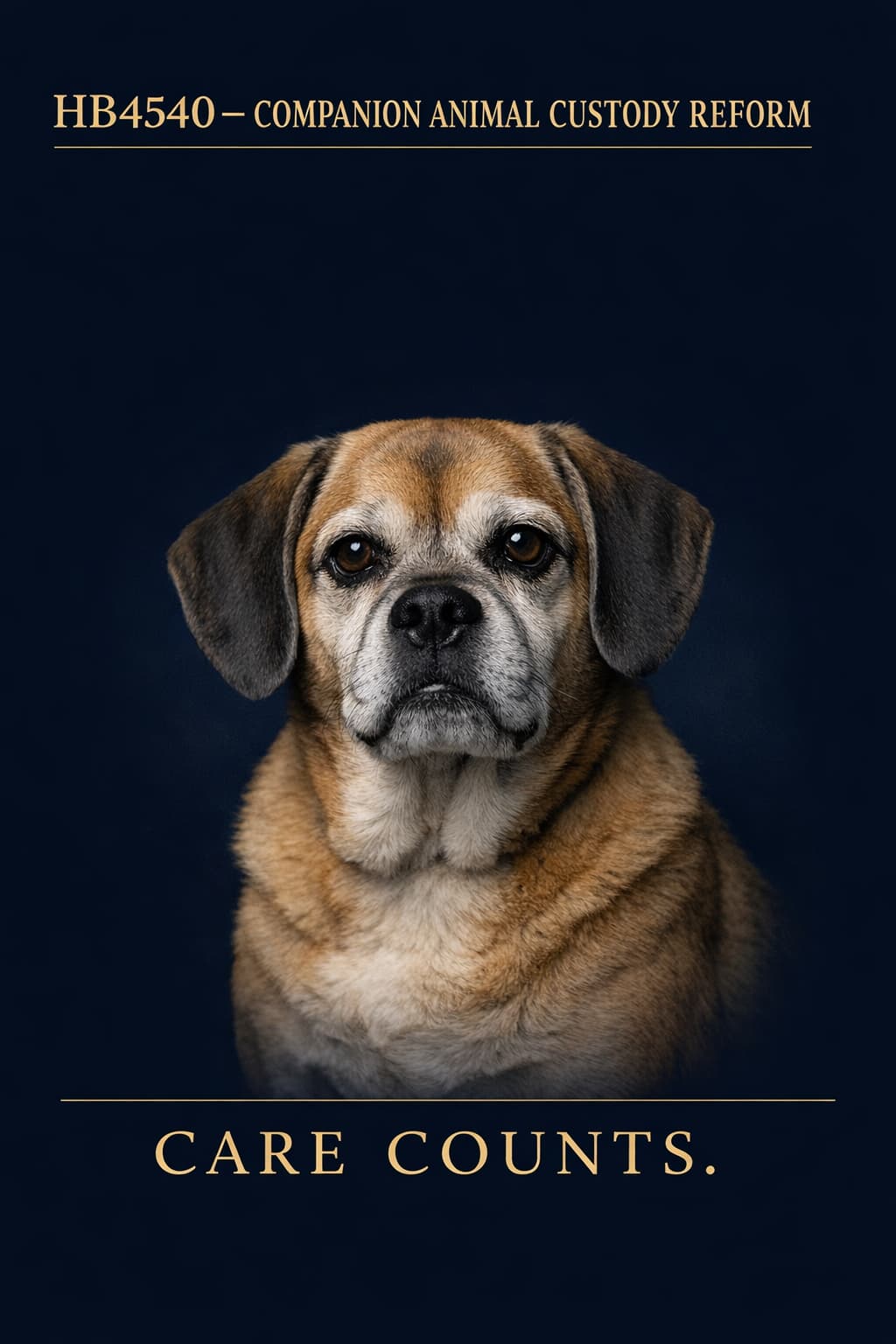 Rosie's Law HB4540 Companion Animal Custody Reform — professional navy legislative graphic with senior puggle and Care Counts slogan