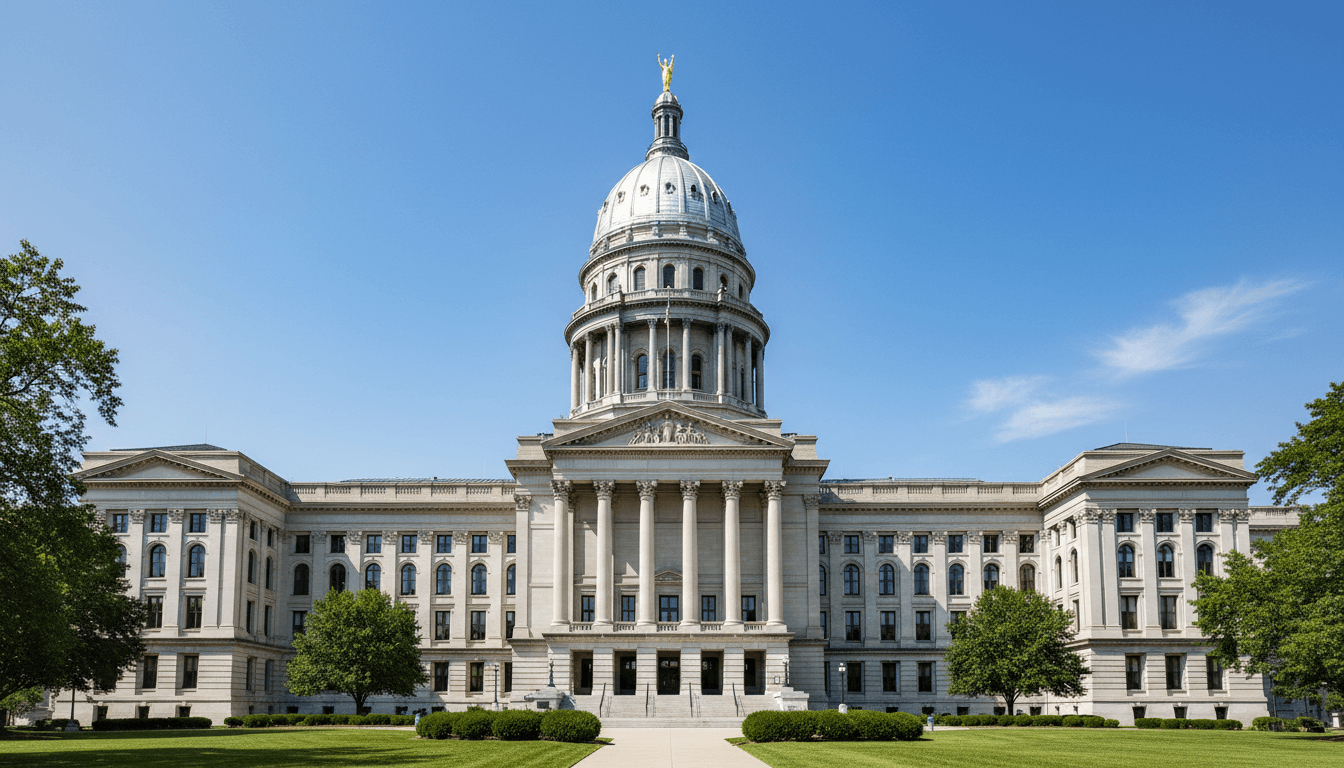 Illinois State Capitol building with sunlight on neoclassical architecture and columns