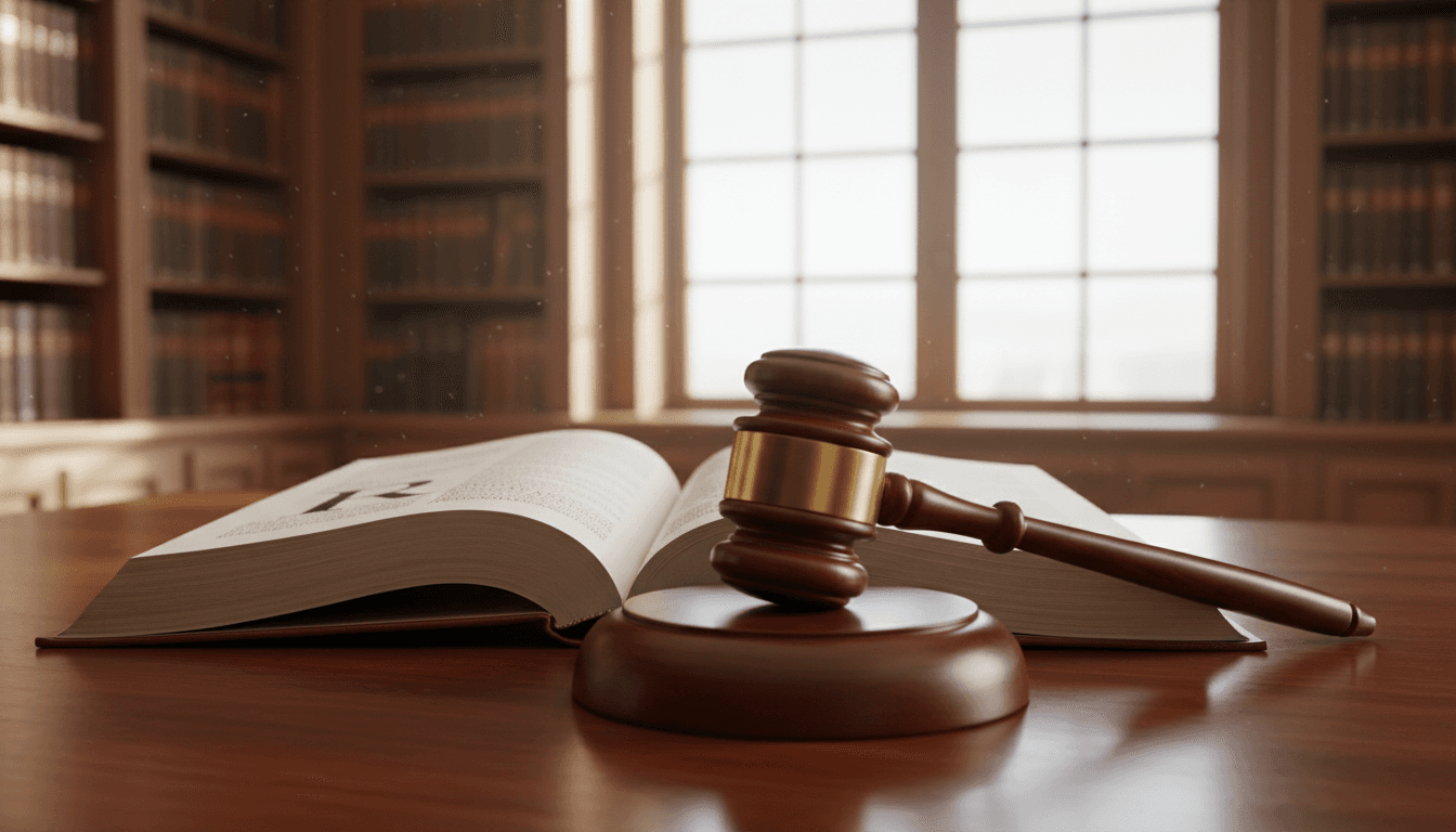 Gavel on open law book on a polished desk, symbolizing judicial authority