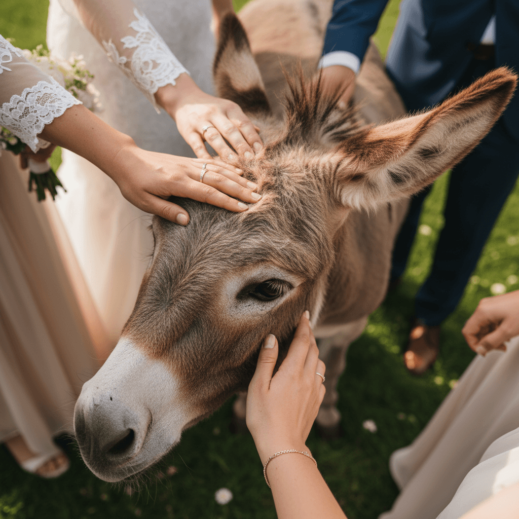 Overhead close-up of miniature donkey's face and multiple guests' hands gently petting during wedding celebration