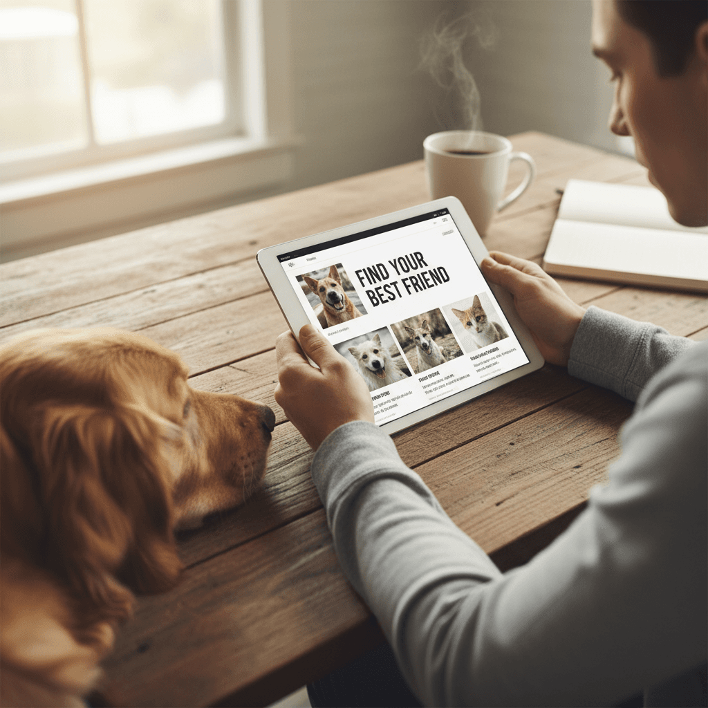 Hands holding tablet displaying pet adoption profiles while dog rests nearby on wooden desk